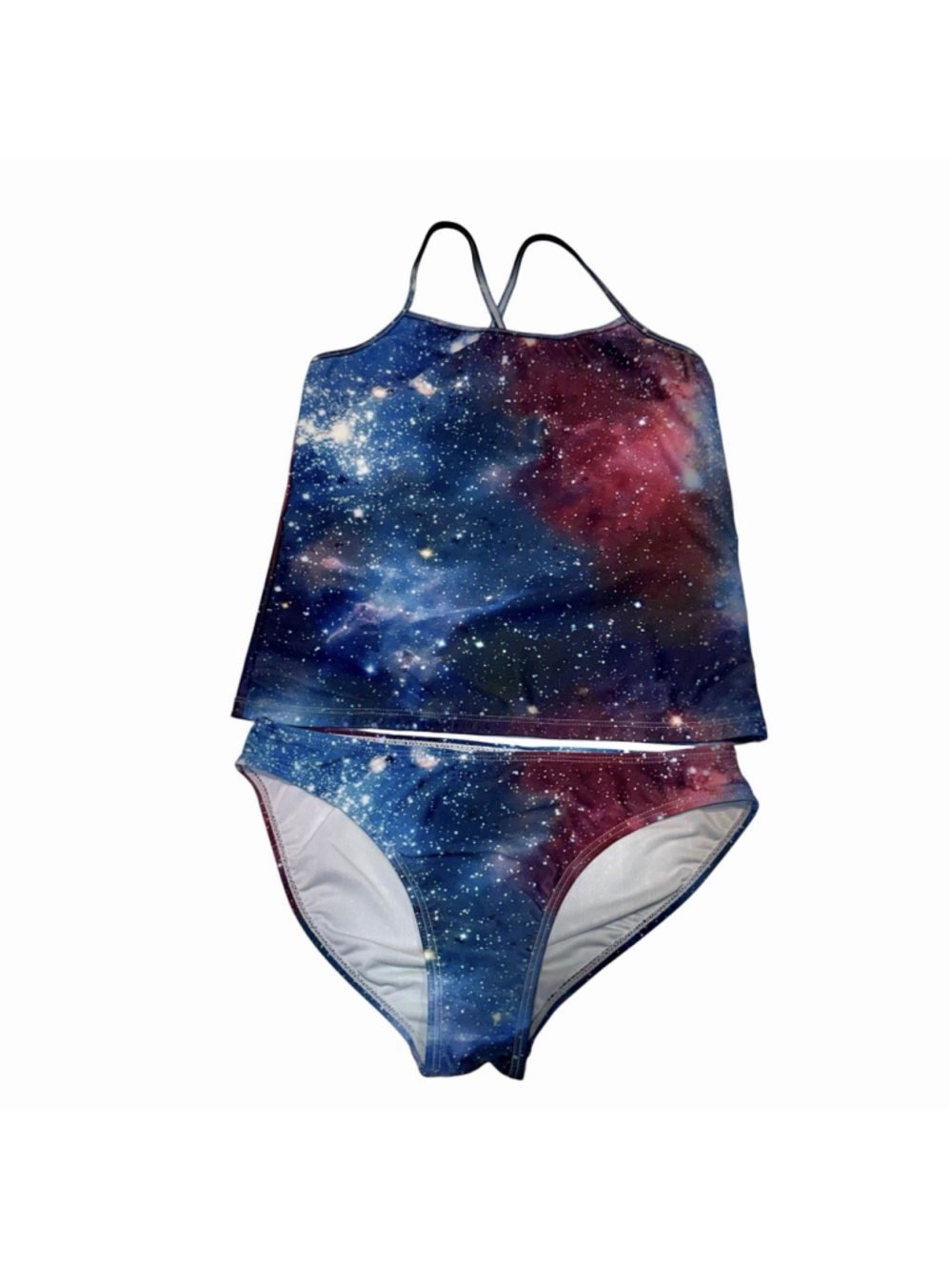 Girls 15/16 Galaxy Tankini Swimsuit 2 Piece Space Stars Print Blue Purple XL